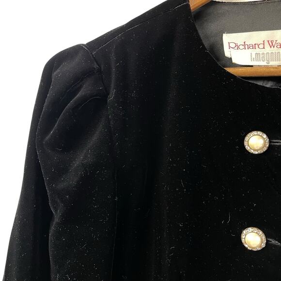 Velvet Black Velvet Scalloped Blazer Top Rhinestone Pearl Buttons Vintage - Picture 3 of 8
